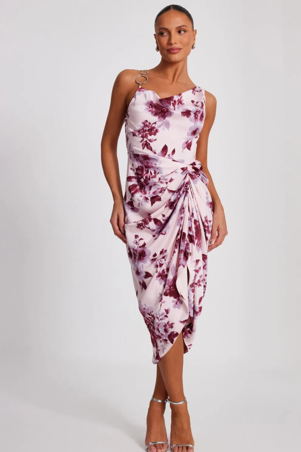 Baby Pink Satin Floral Midi Dress