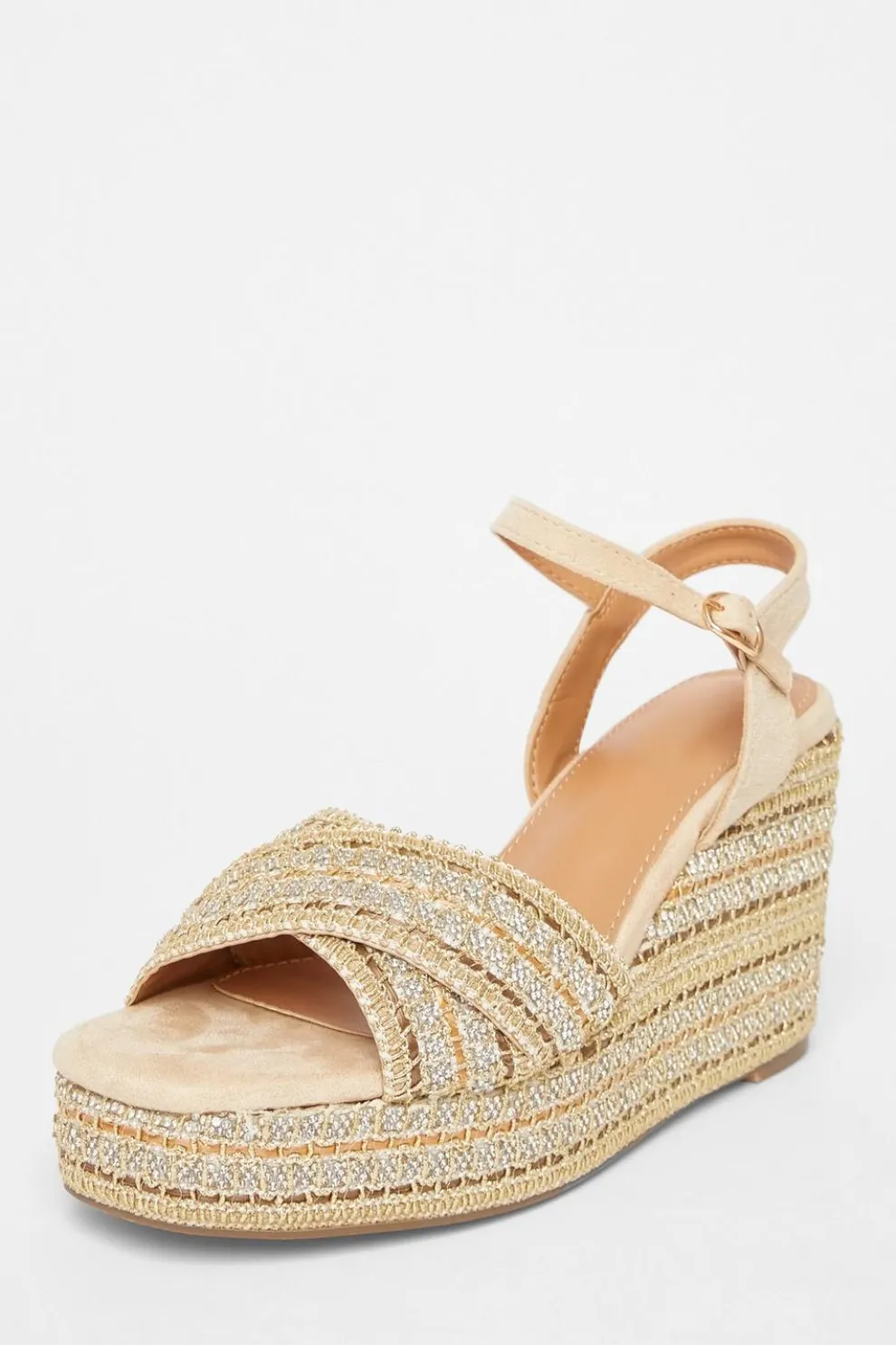 Beige Cross Strap Diamante Wedges