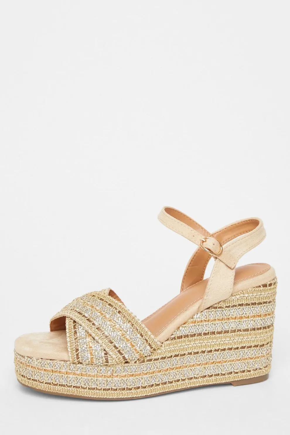 Beige Cross Strap Diamante Wedges
