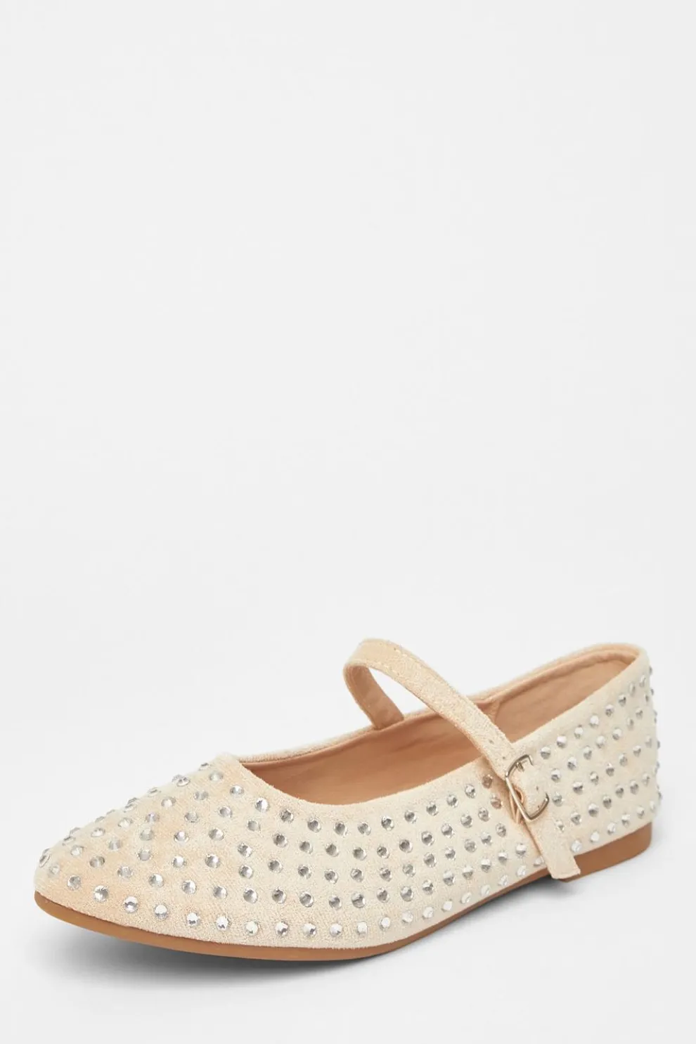 Beige Diamante Ballet Pumps