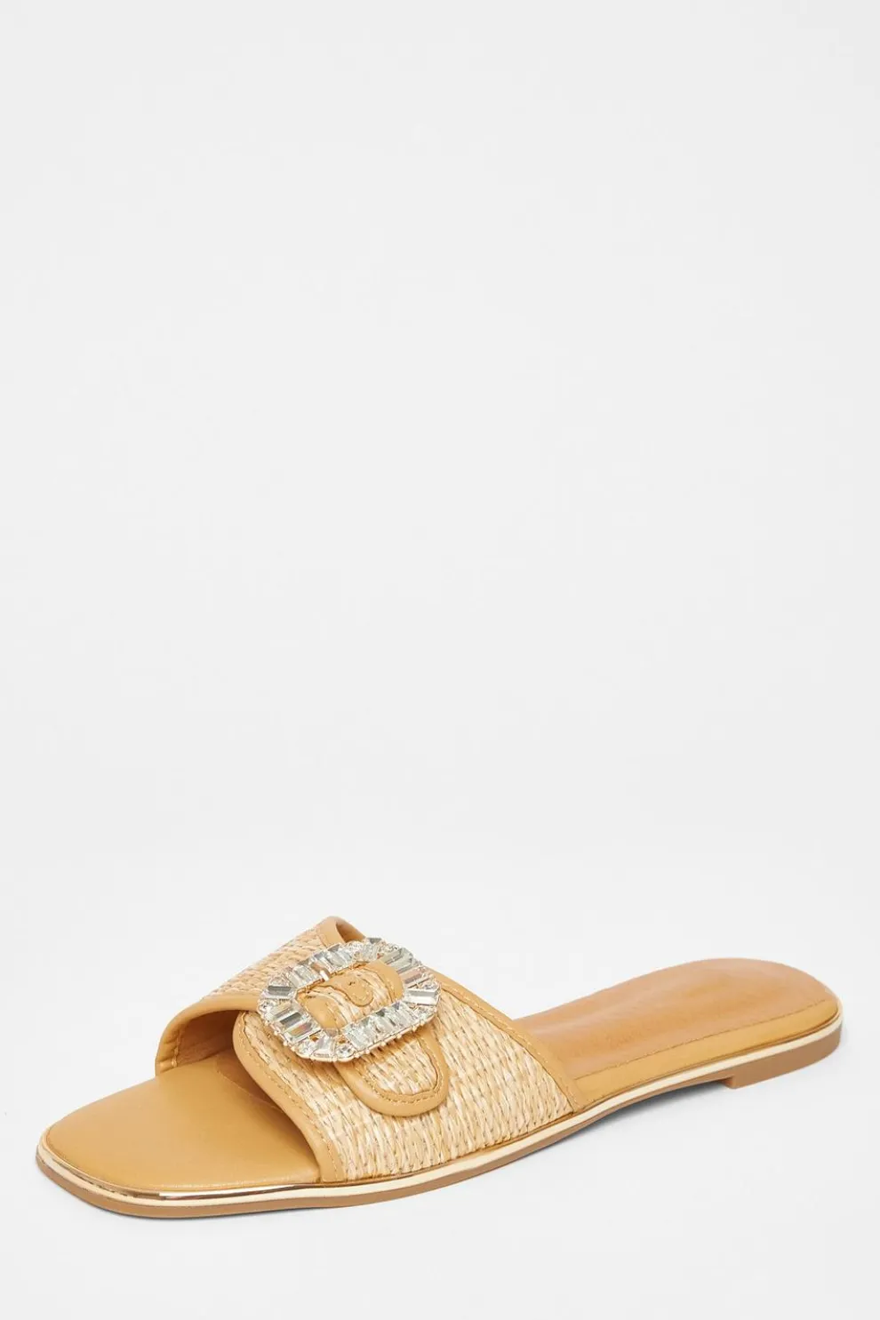 Beige Diamante Buckle Flat Sandals