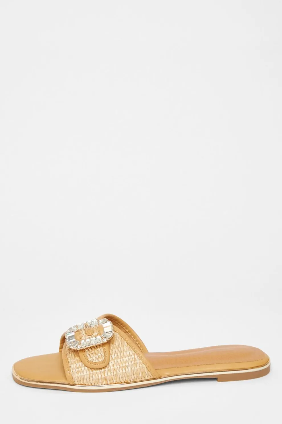 Beige Diamante Buckle Flat Sandals