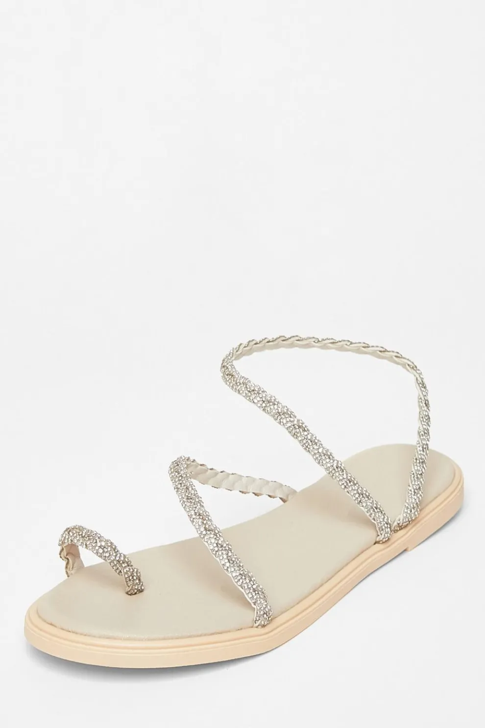 Beige Diamante Pleated Flat Sandals