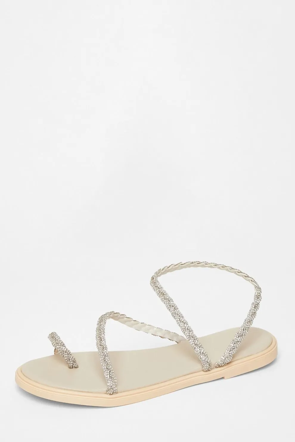 Beige Diamante Pleated Flat Sandals