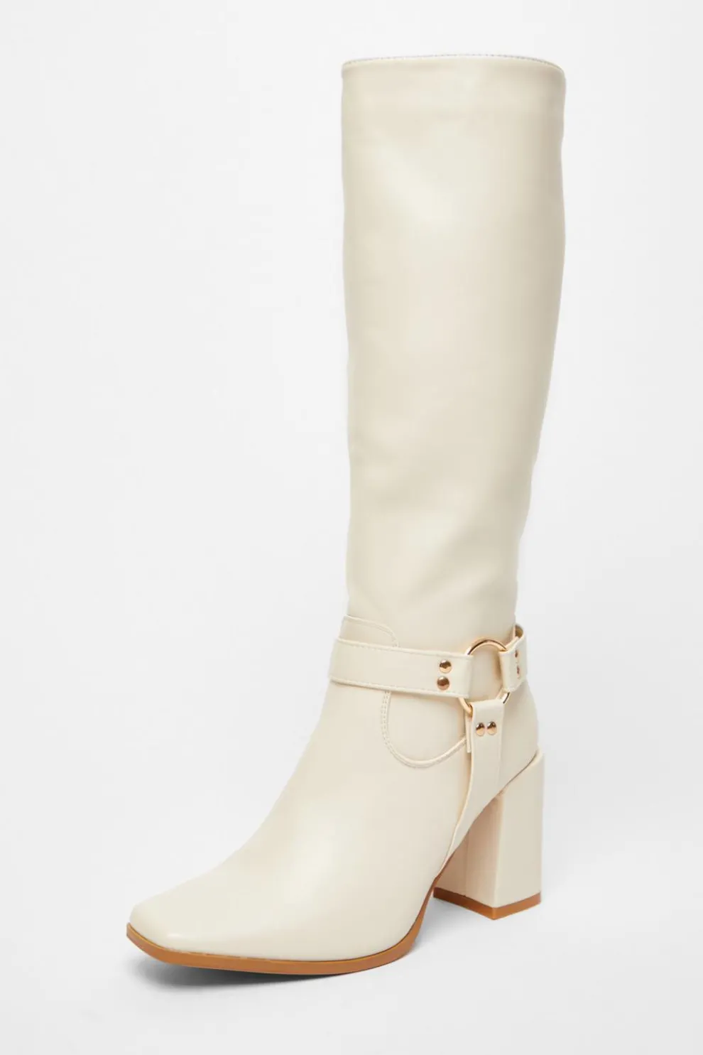 Beige Faux Leather Knee High Boots