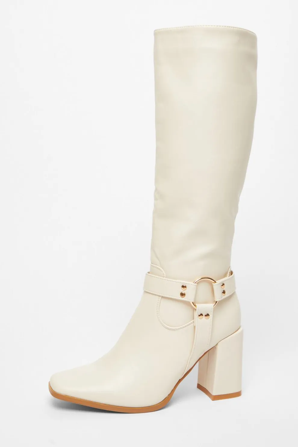 Beige Faux Leather Knee High Boots