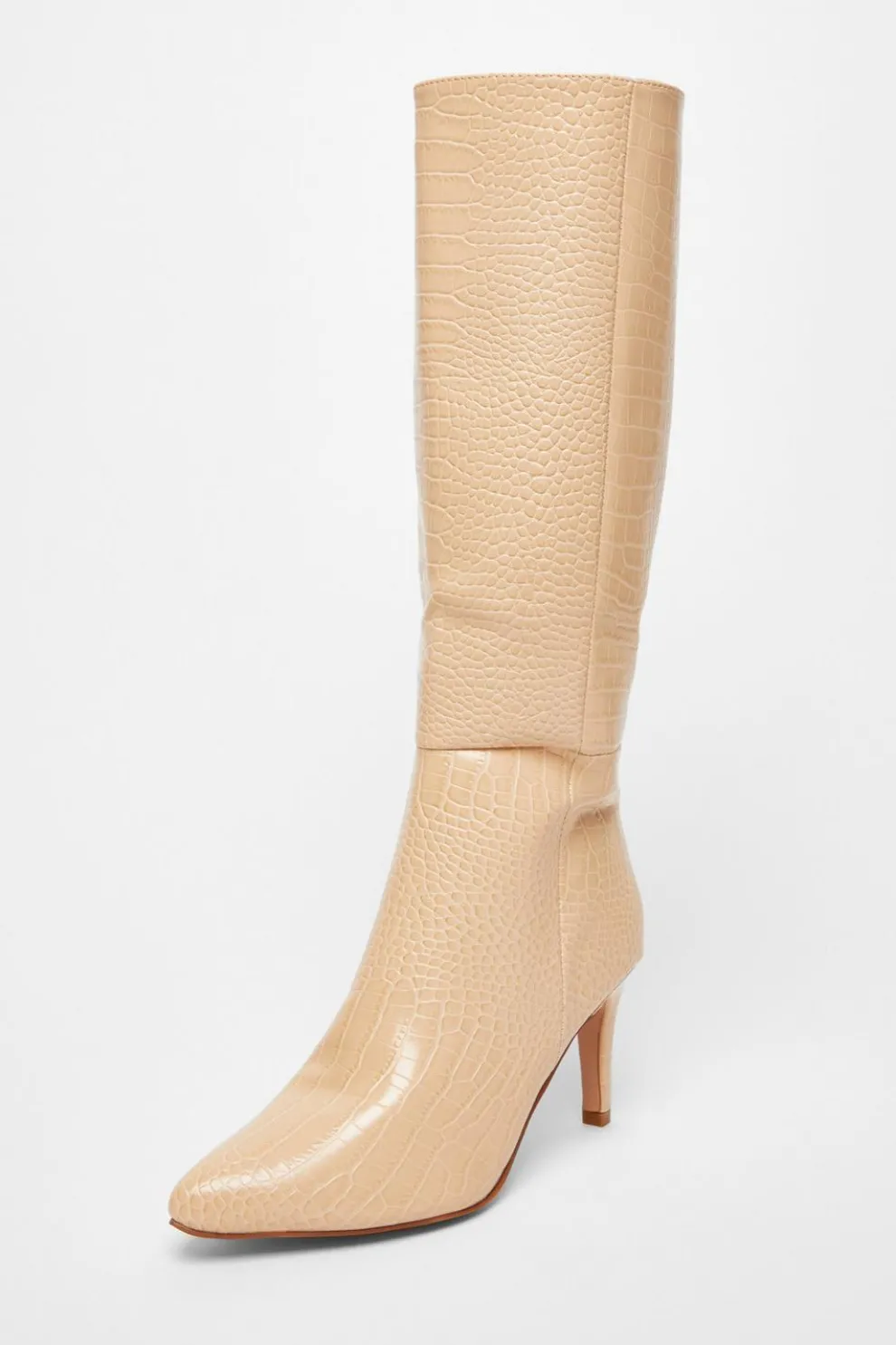 Beige Faux Leather Knee High Boots