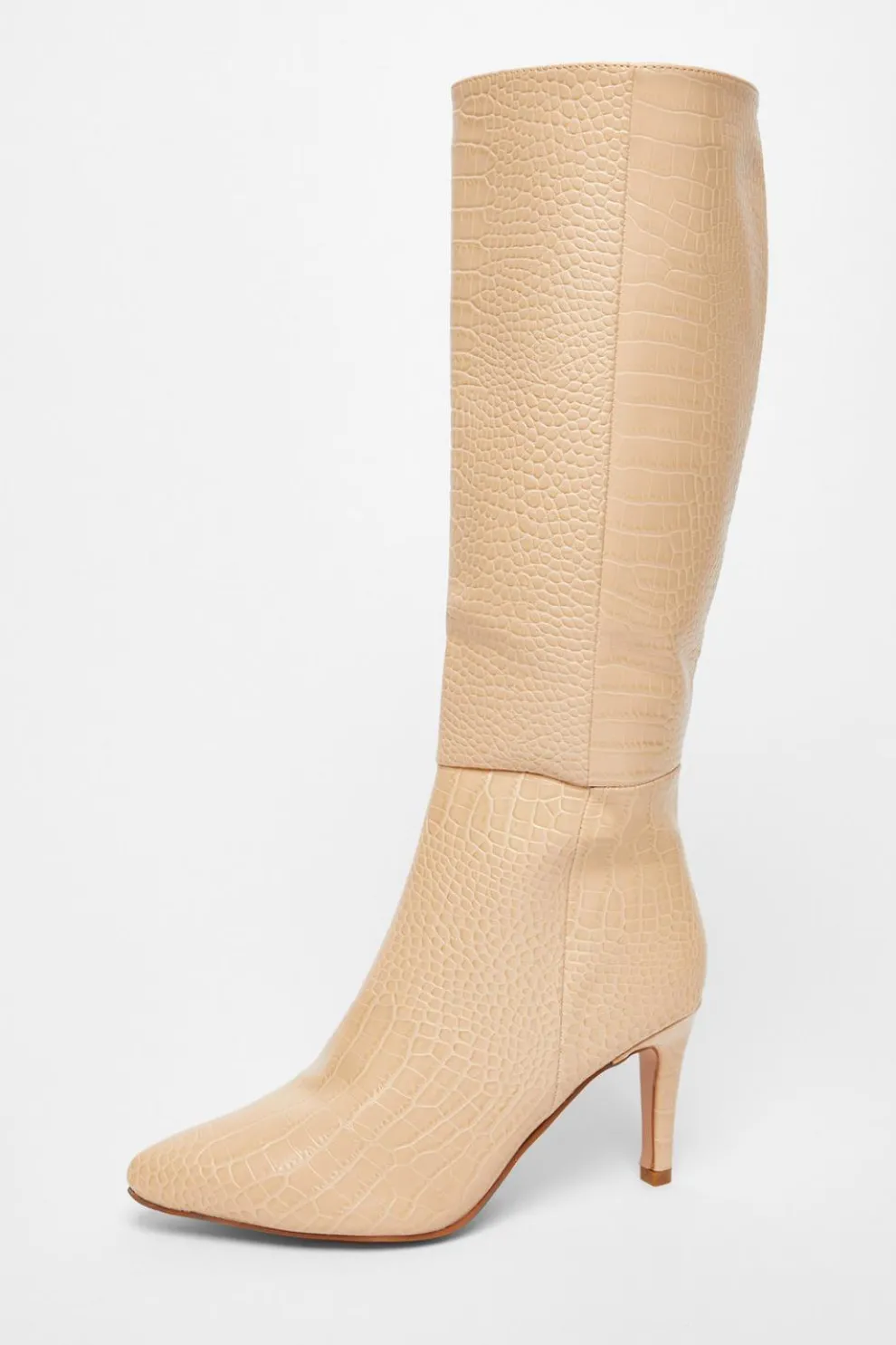 Beige Faux Leather Knee High Boots