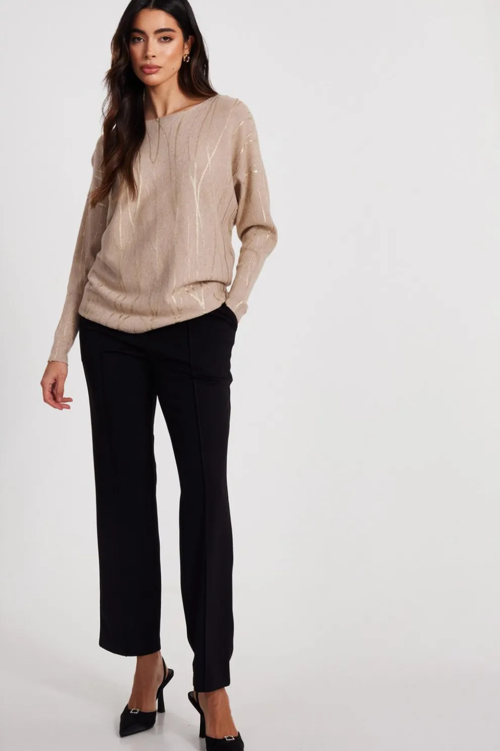 Beige Knit Foil Detail Jumper
