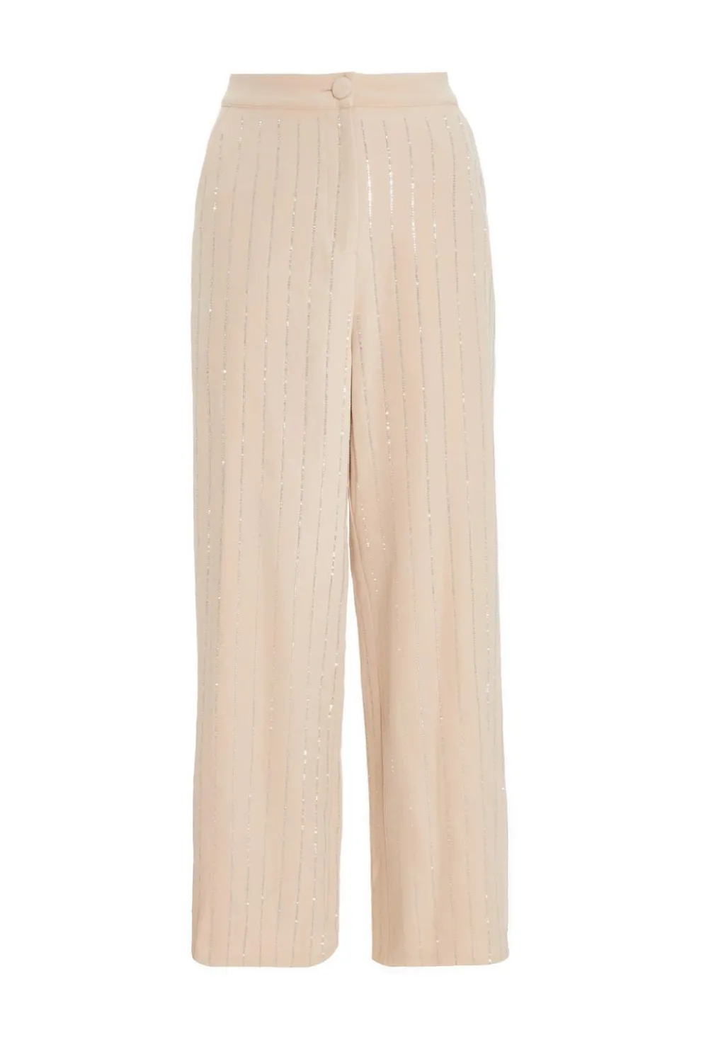 Beige Pinstripe Embellished Wide Leg Trousers