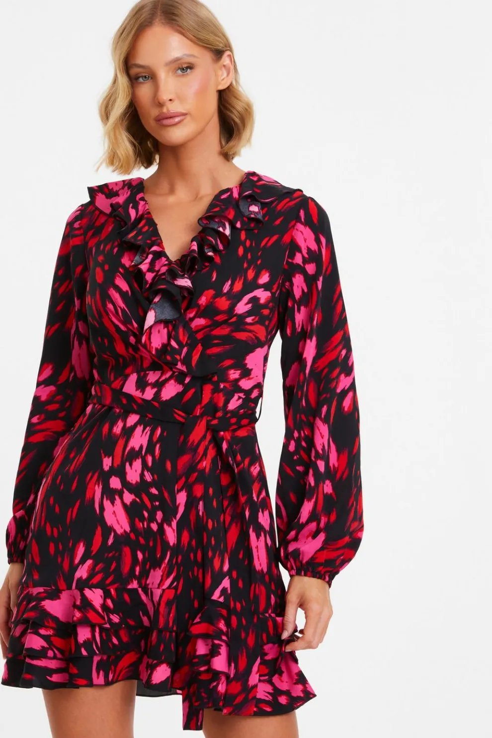 Black Animal Print Wrap Skater Dress