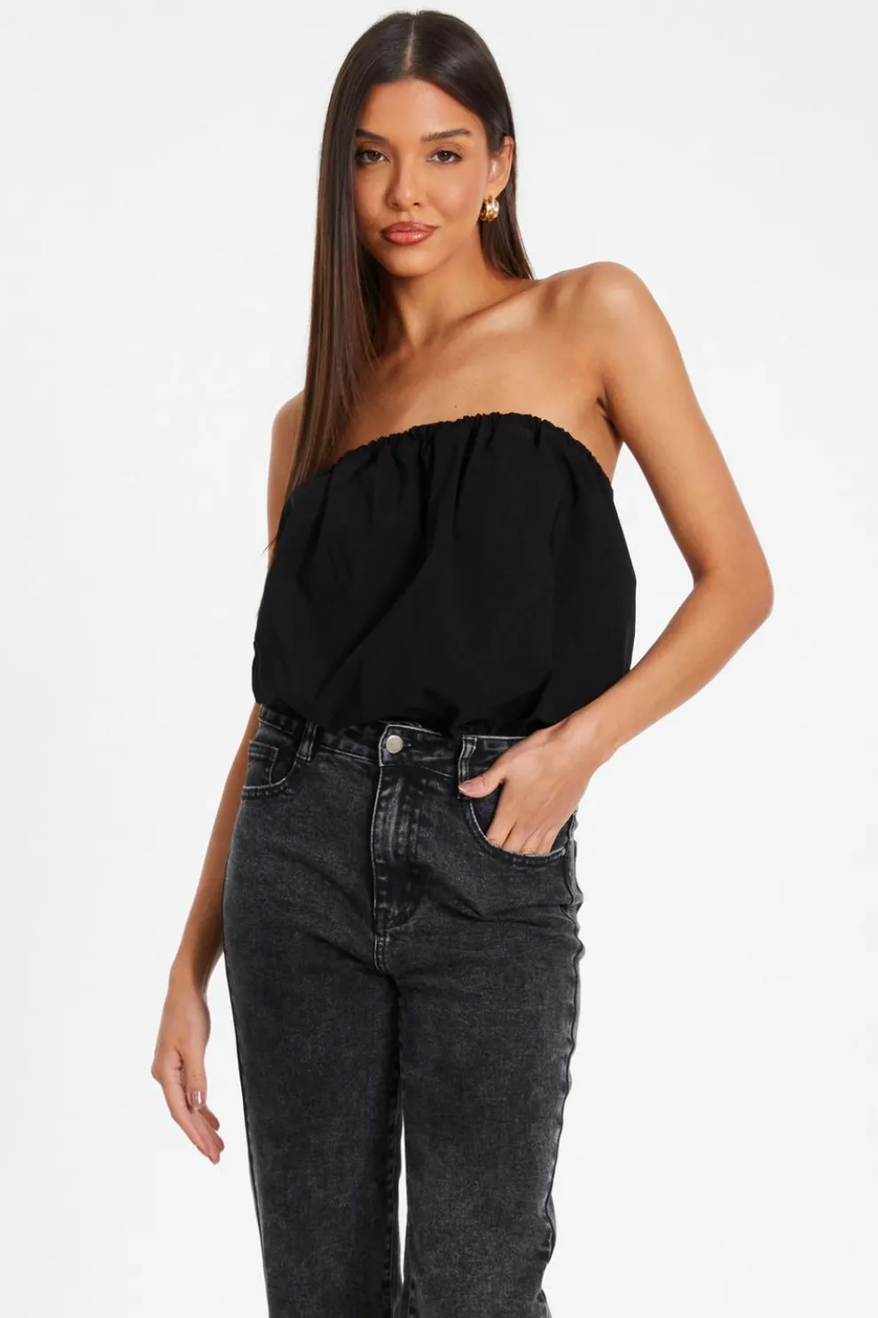 Black Bandeau Puffball Bodysuit