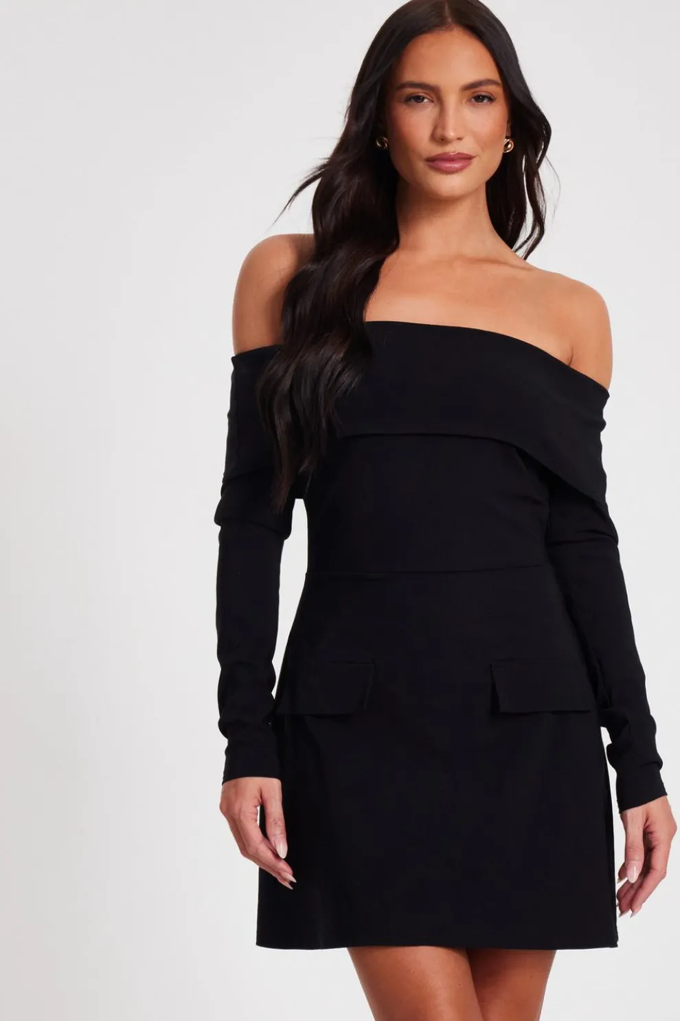 Black Bardot Long Sleeve Mini Dress