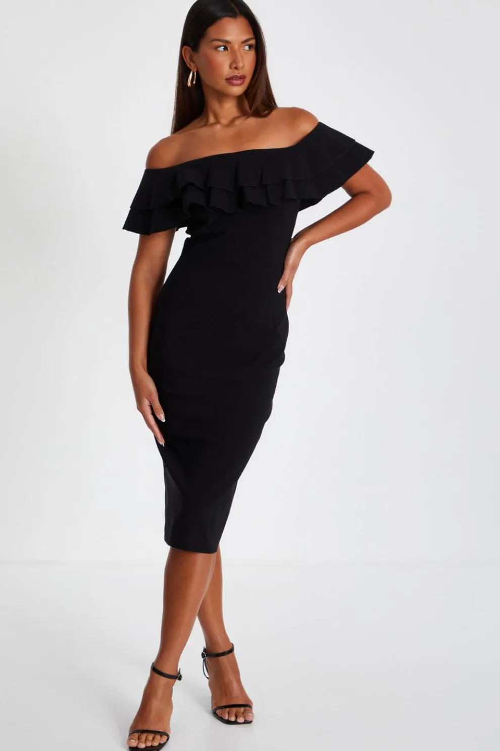 Black Bardot Ruffle Midi Bodycon Dress