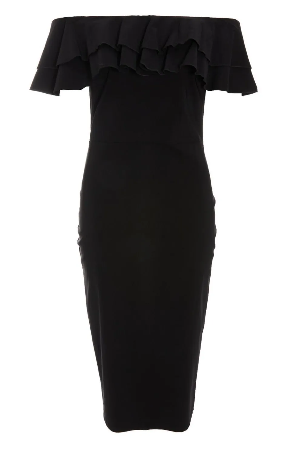 Black Bardot Ruffle Midi Bodycon Dress