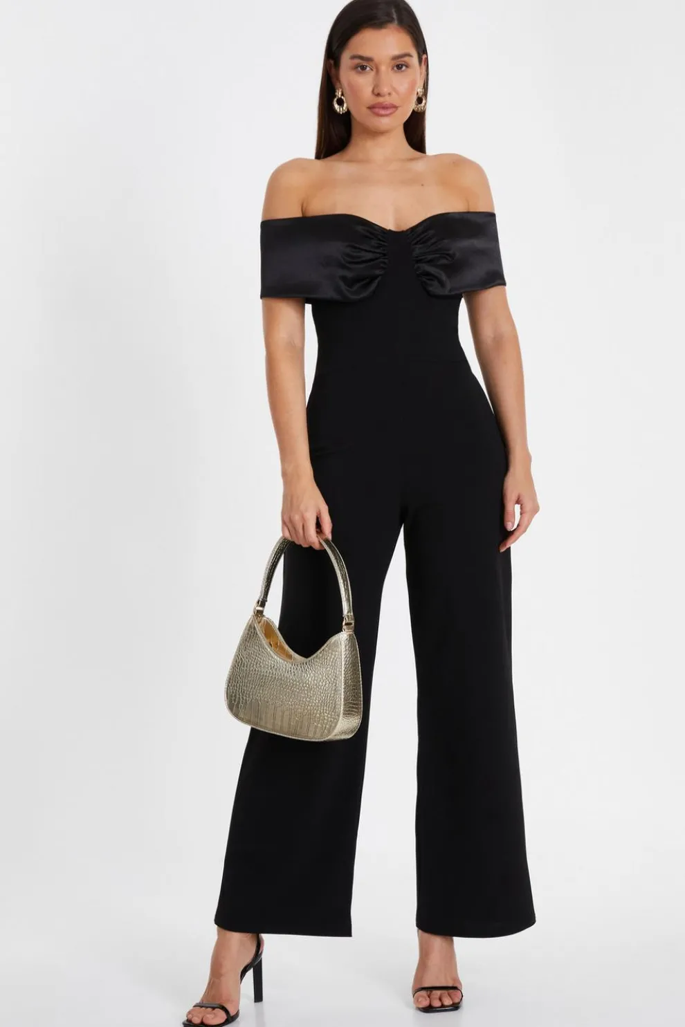 Black Bardot Satin Detail Jumpsuit