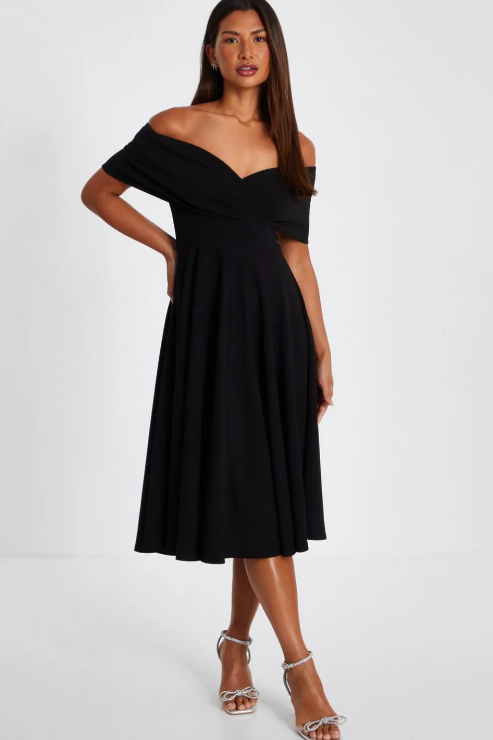 Black Bardot Skater Midi Dress