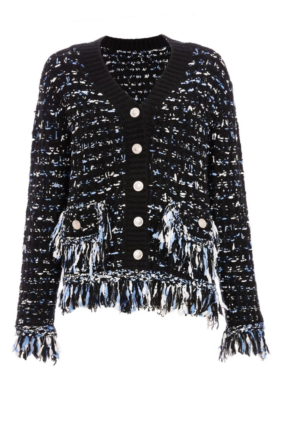 Black Boucle Knit Fringe Cardigan