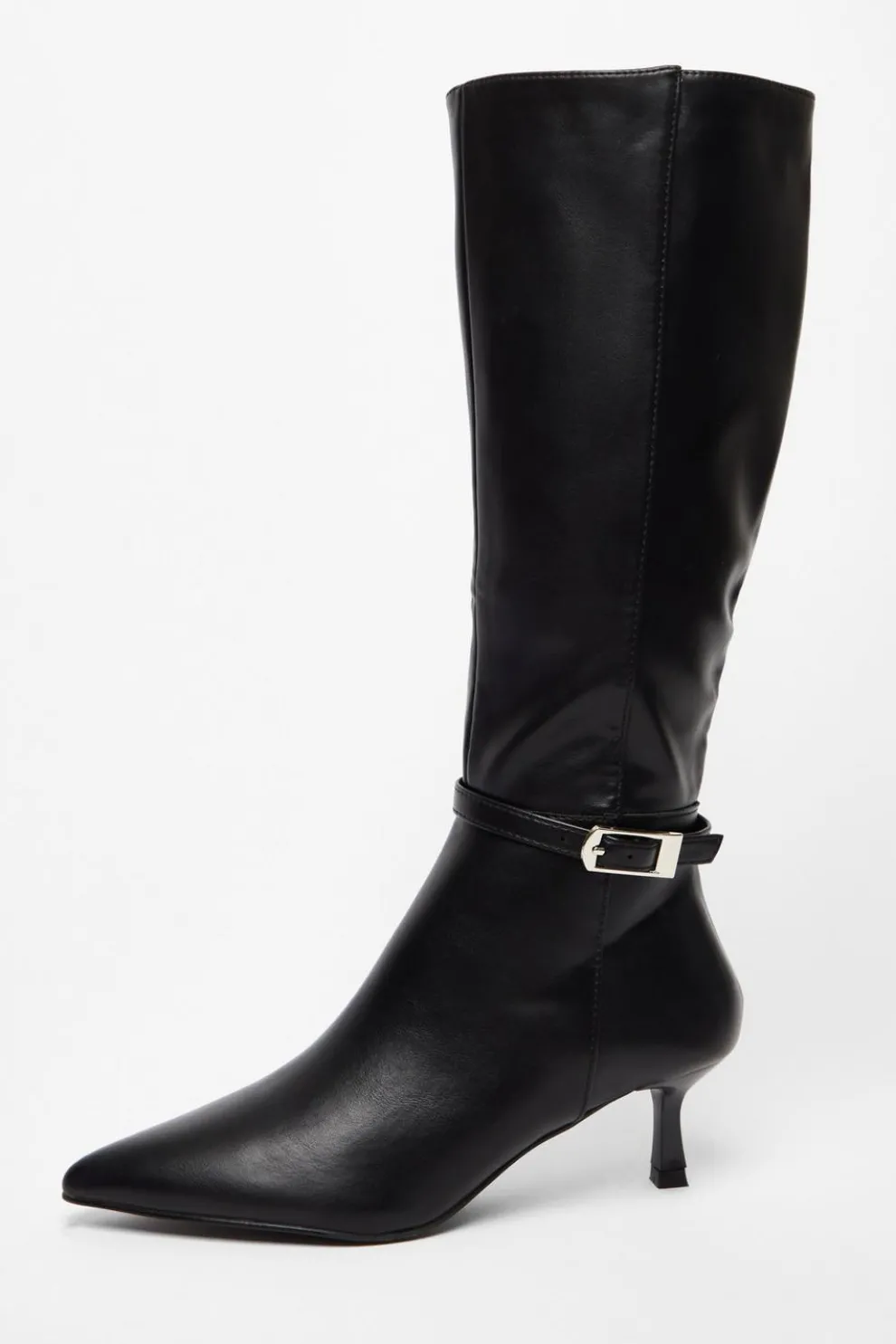 Black Buckle Detail Knee High Boots