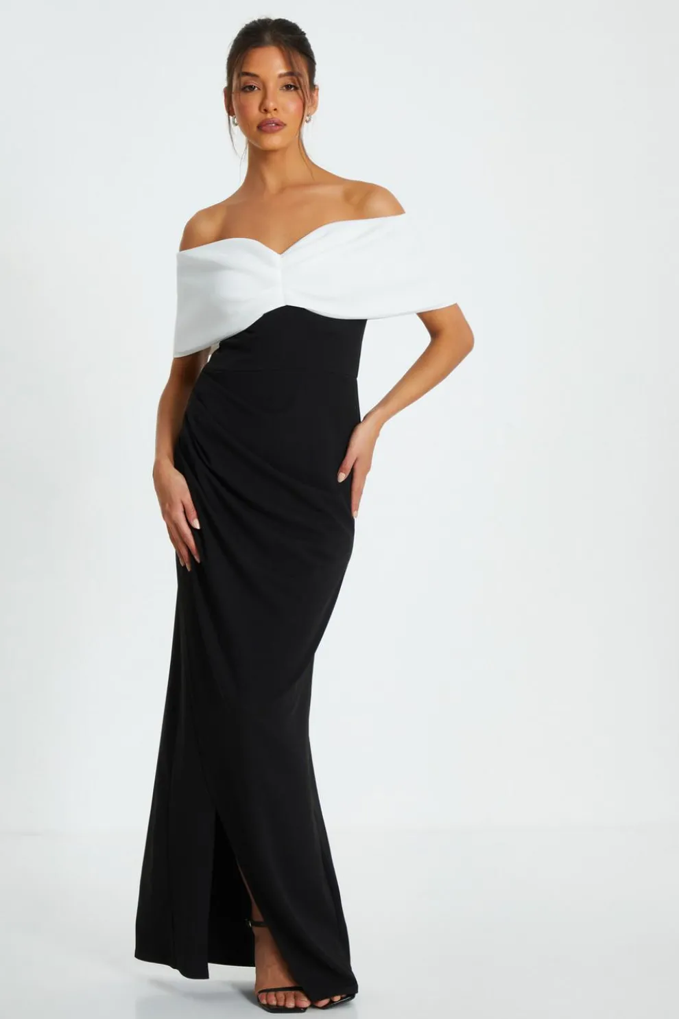 Black Contrast Bardot Ruched Maxi Dress