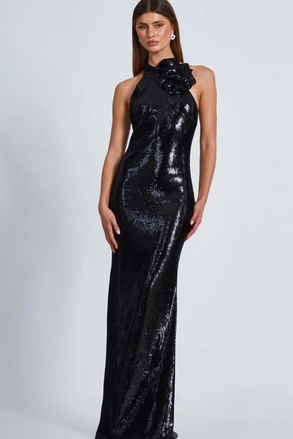 Black Corsage High Neck Sequin Maxi Dress