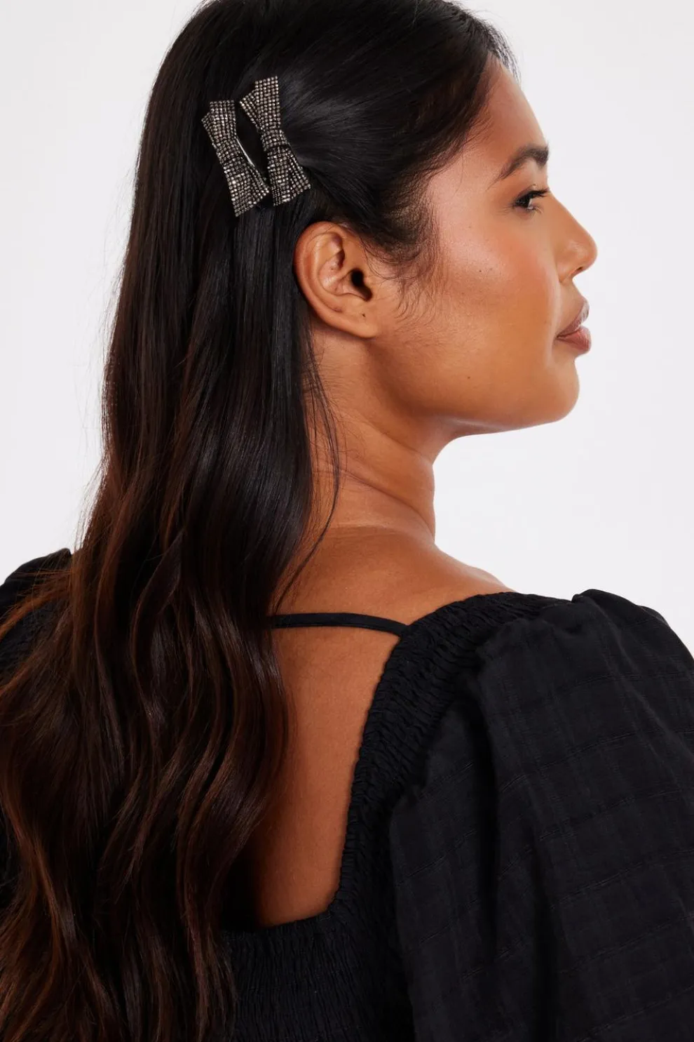 Black Diamante Bow Hair Clips
