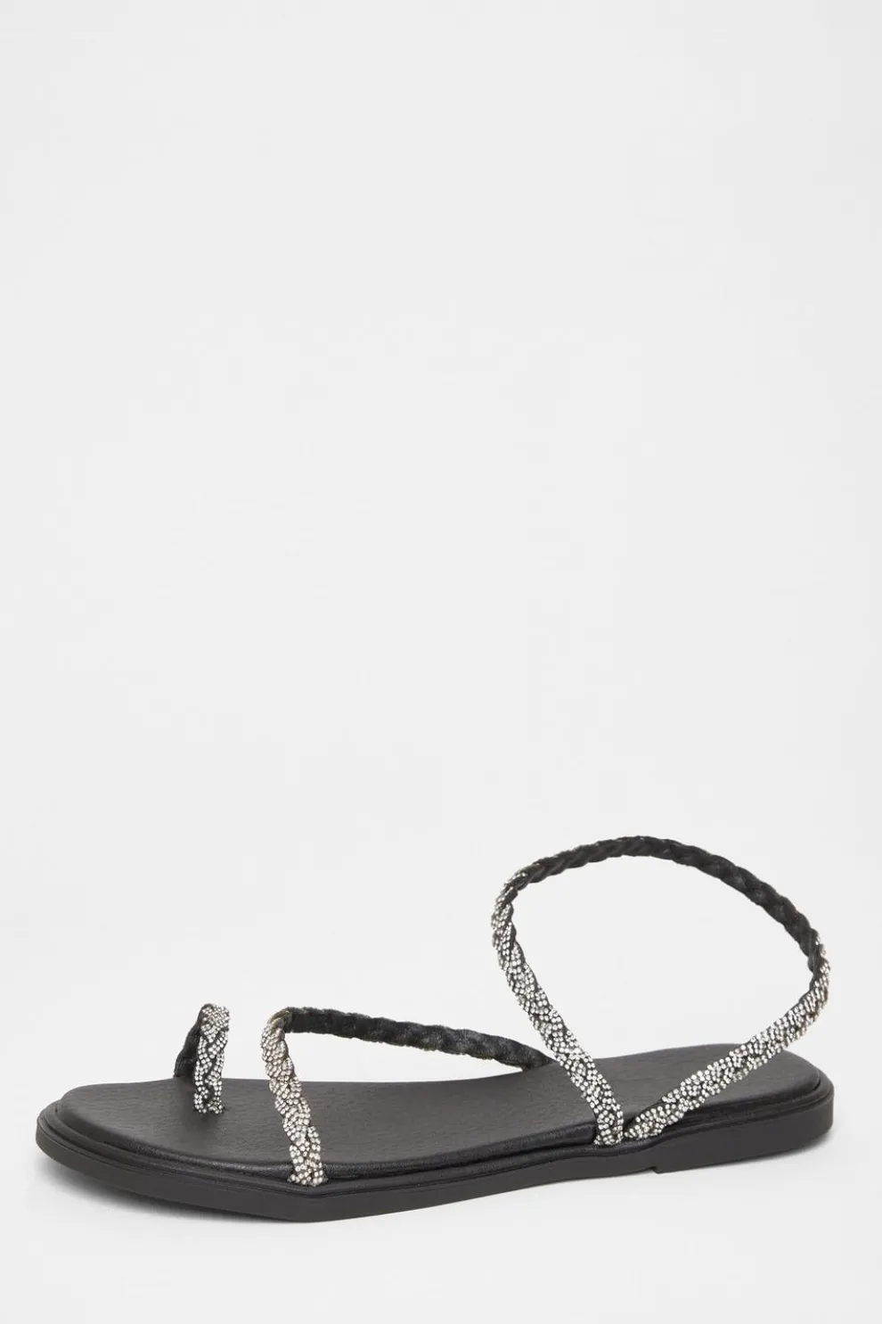 Black Diamante Pleated Flat Sandals