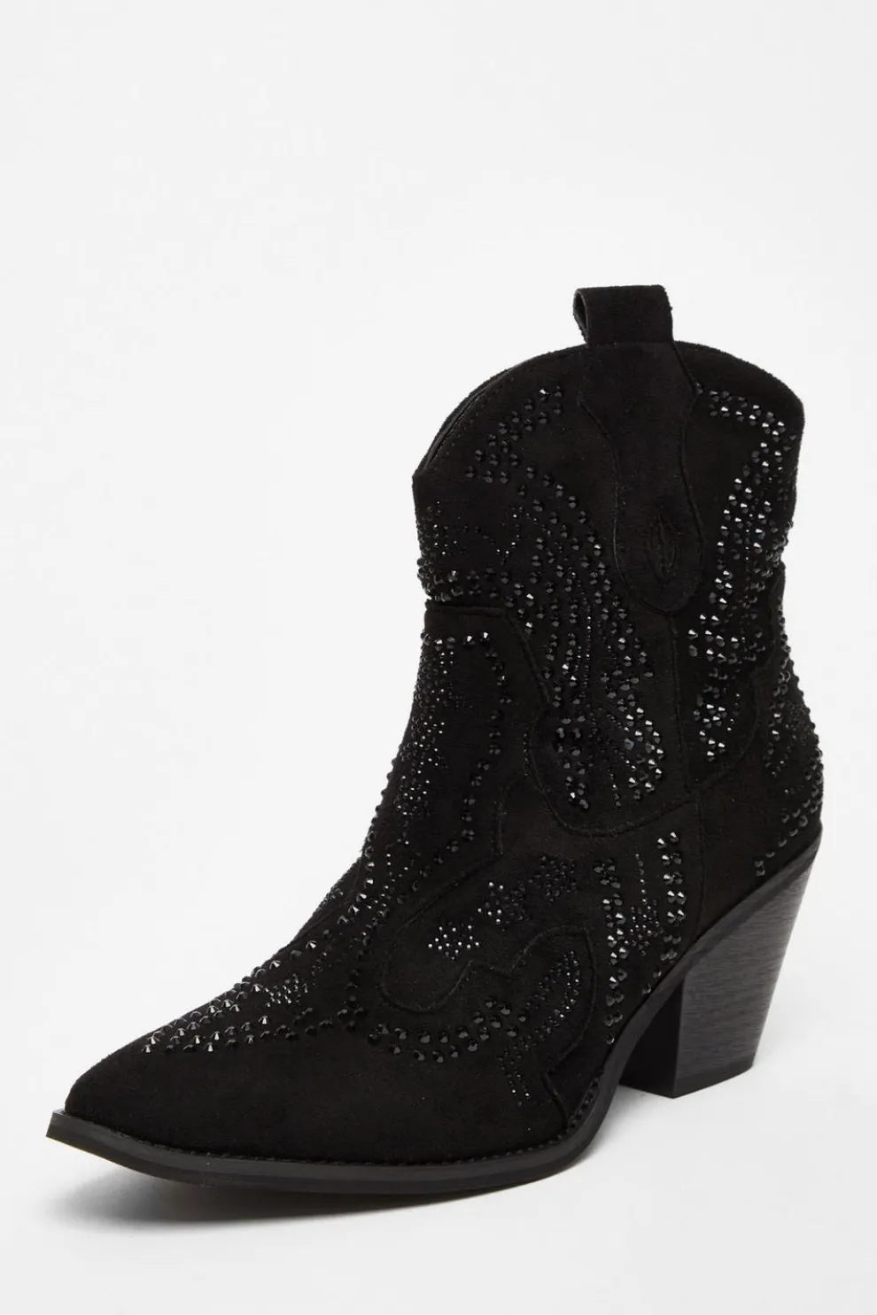 Black Diamante Western Ankle Boots