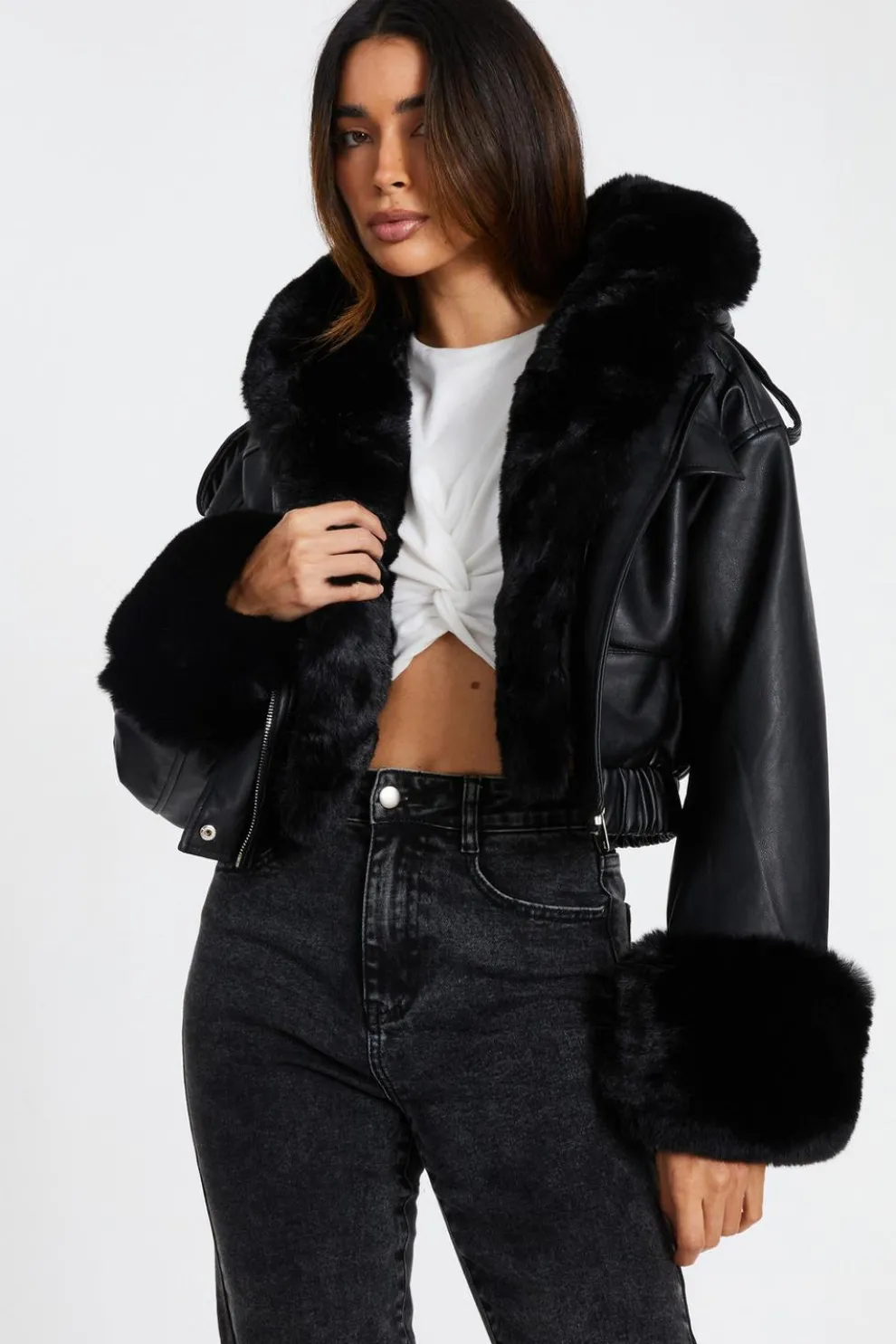 Black Faux Fur Bomber Jacket