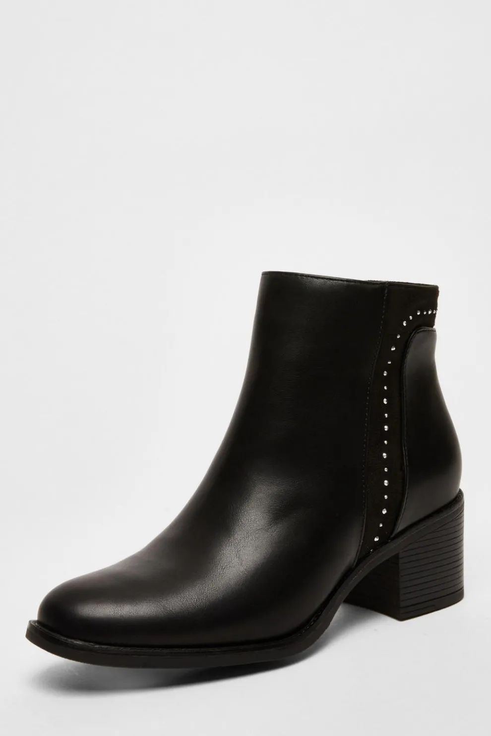 Black Faux Leather Embellished Ankle Boot
