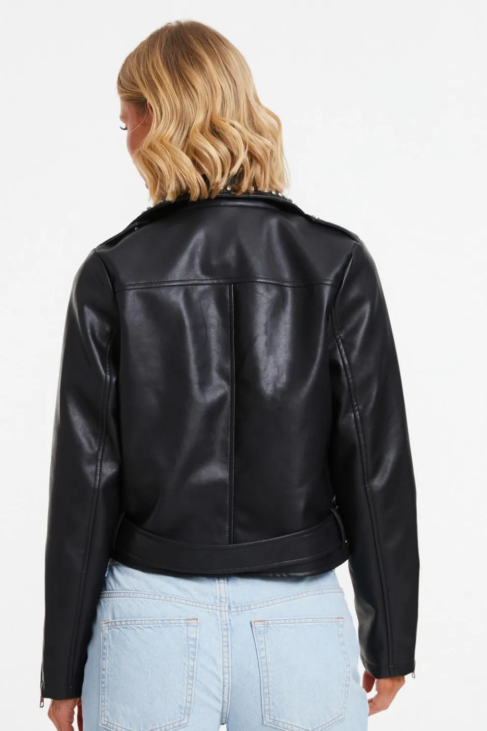 Black Faux Leather Studded Biker Jacket