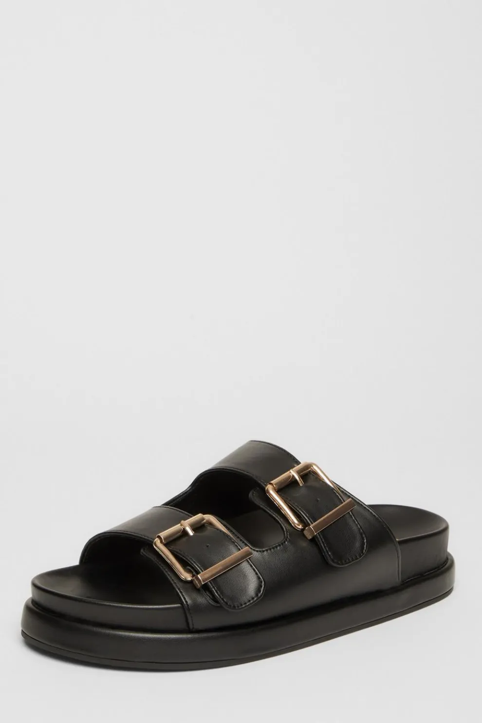 Black Faux Leather Flat Sandals