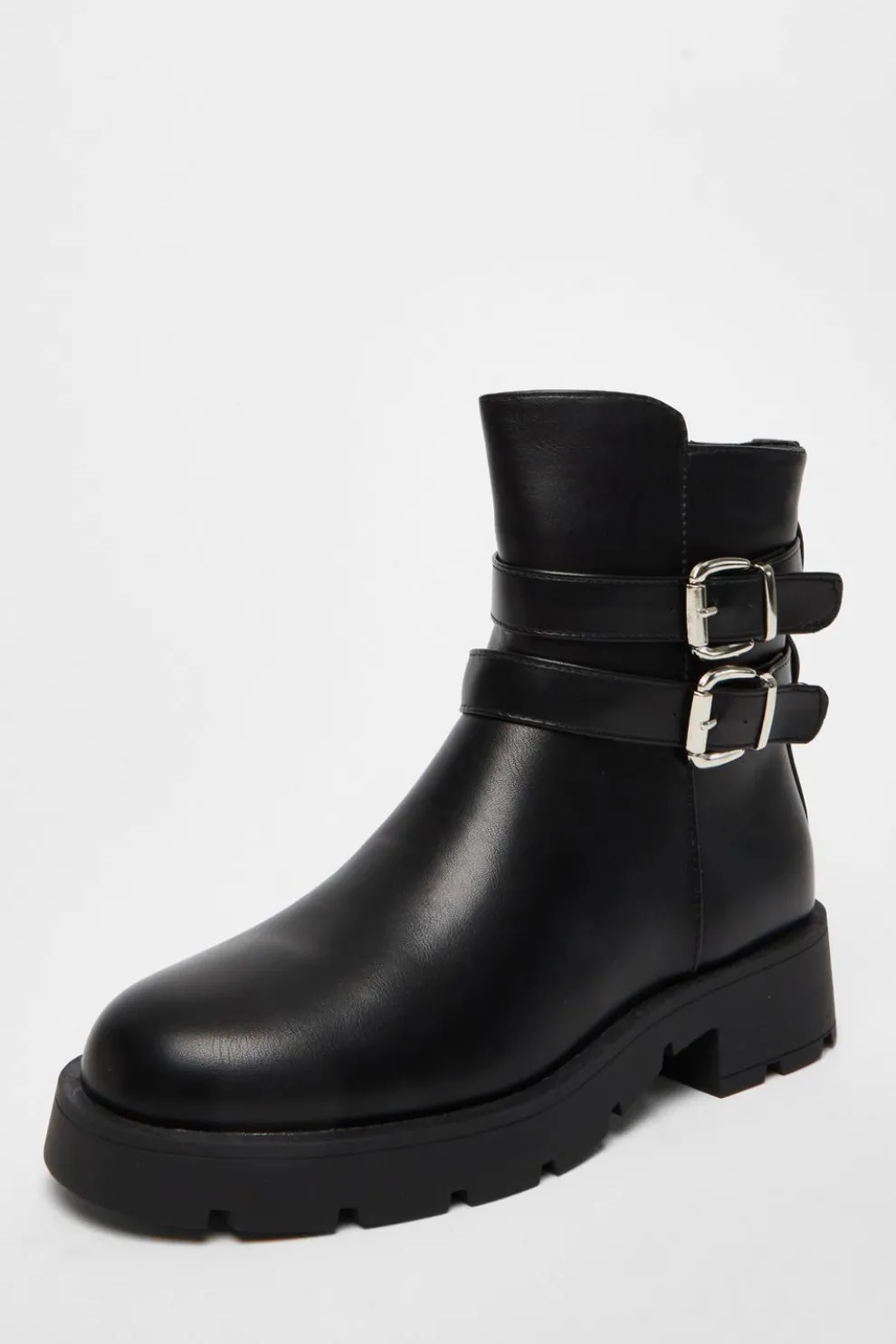 Black Faux Leather Double Buckle Ankle Boot