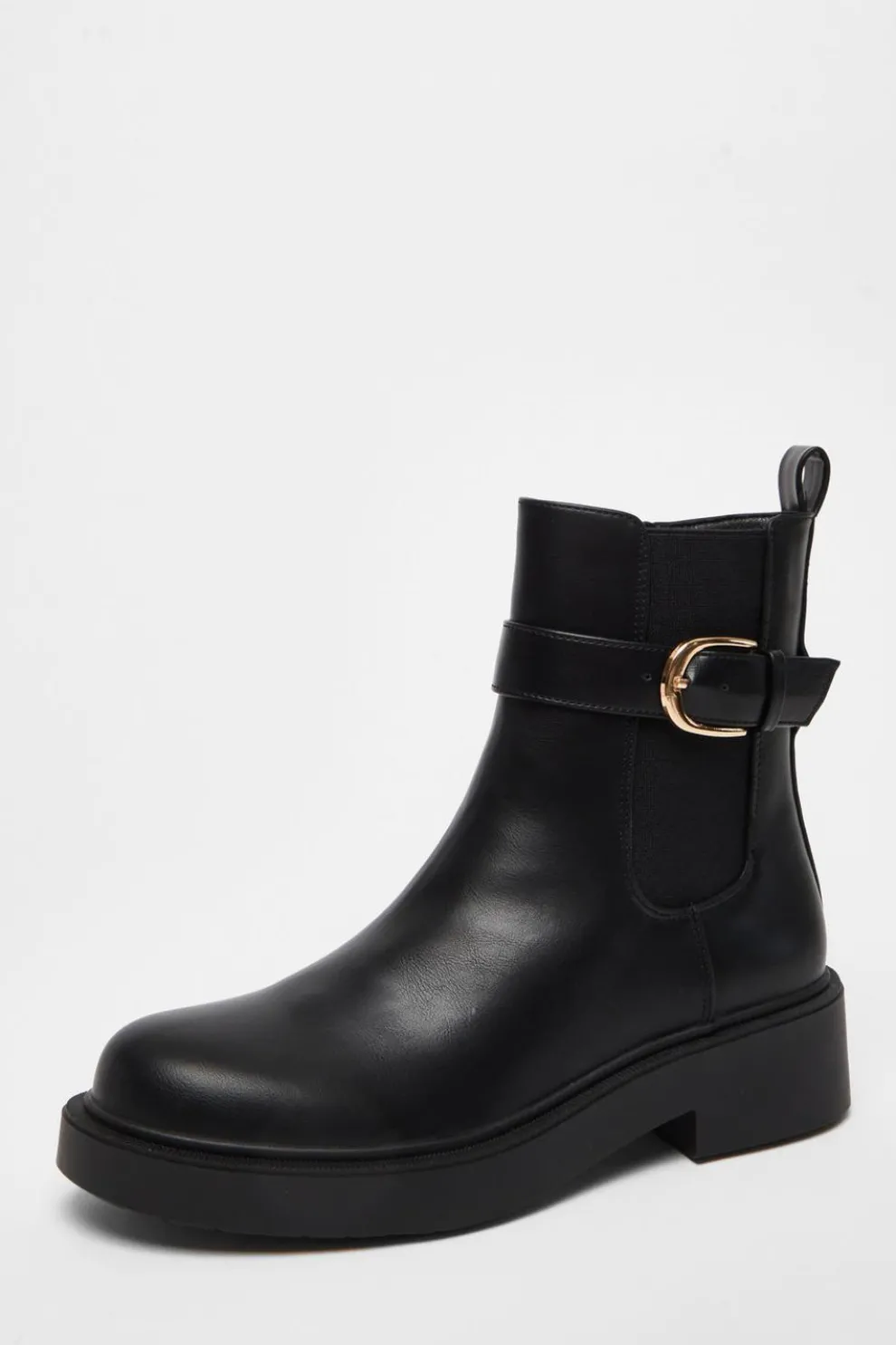 Black Faux Leather Chunky Buckle Boots