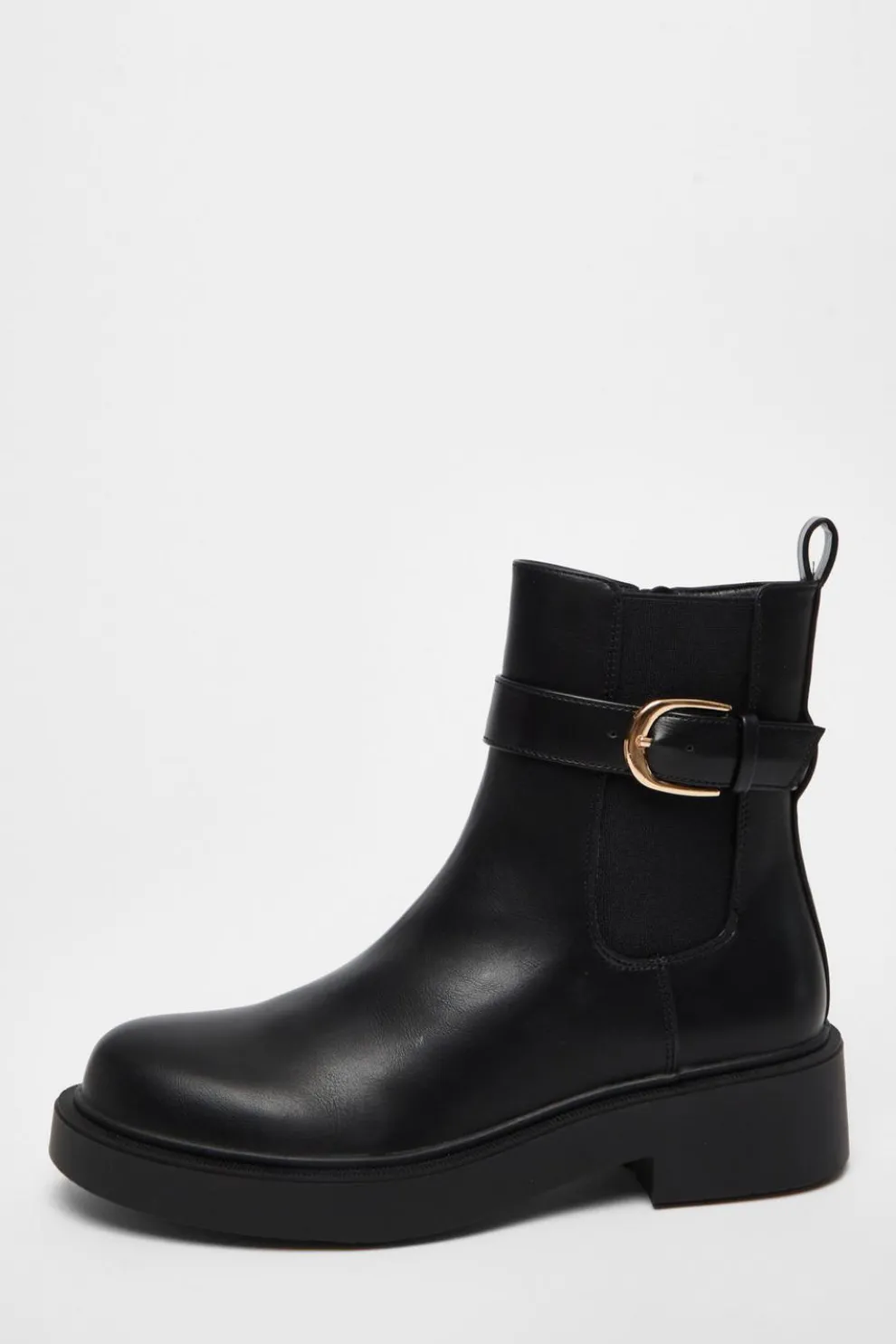 Black Faux Leather Chunky Buckle Boots