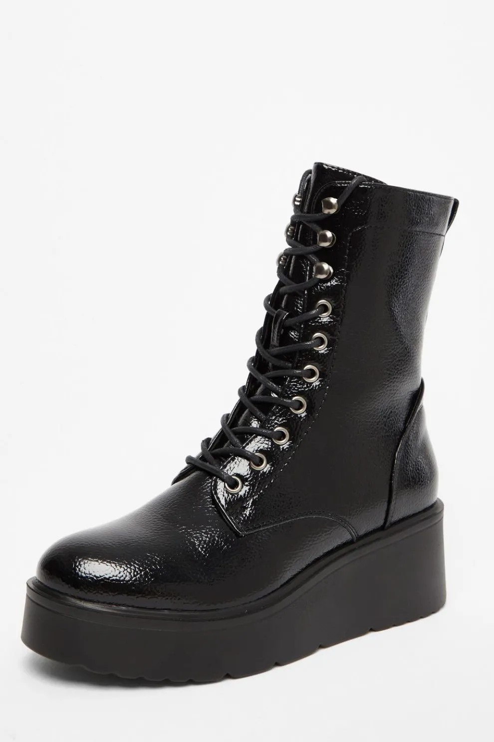 Black Faux Leather Lace Up Wedged Ankle Boots