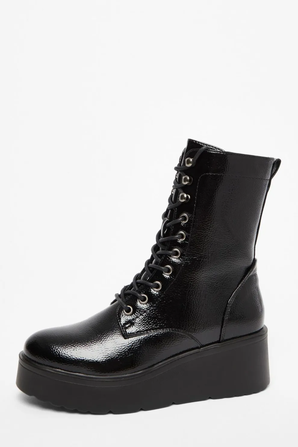 Black Faux Leather Lace Up Wedged Ankle Boots