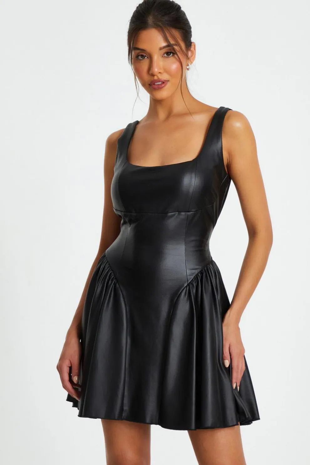 Black Faux Leather Skater Dress