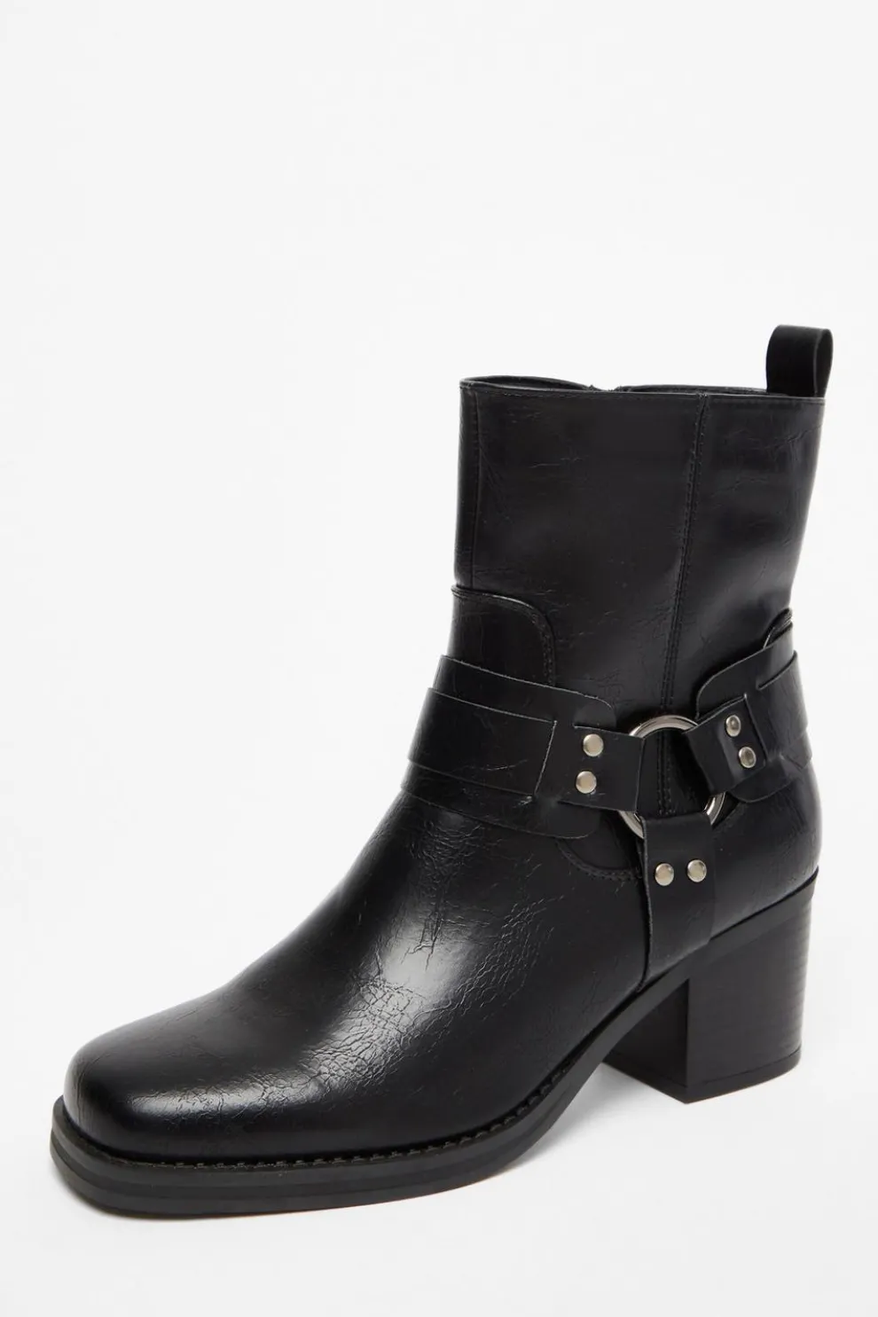 Black Faux Leather Buckle Ankle Boots