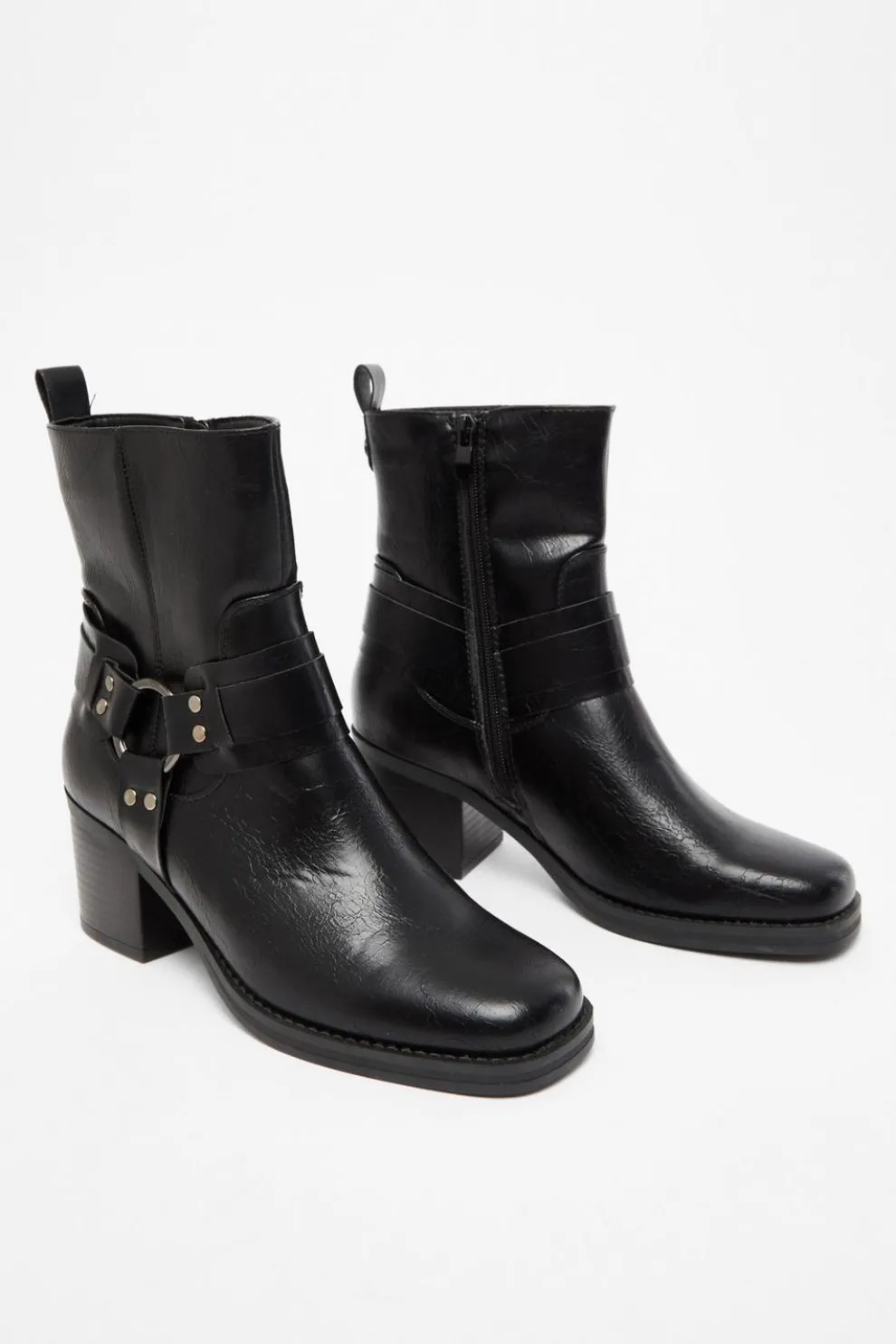 Black Faux Leather Buckle Ankle Boots