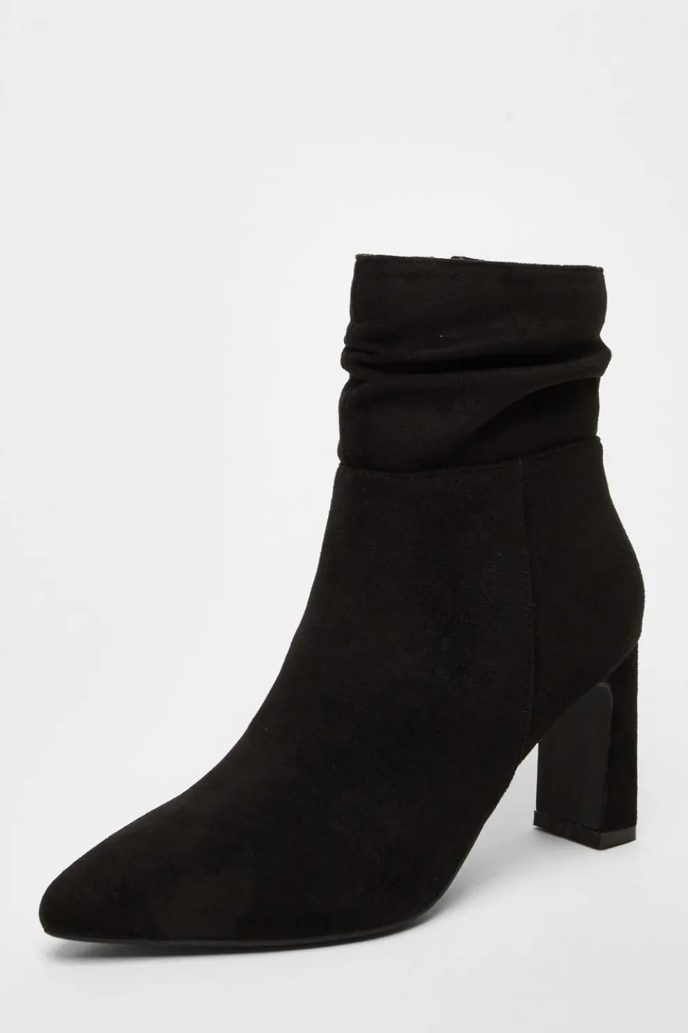 Black Faux Suede Ruched Ankle Boots