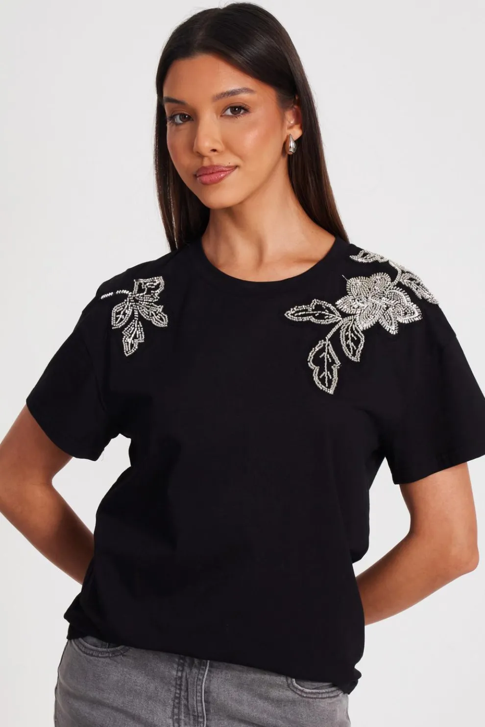 Black Floral Applique T-Shirt