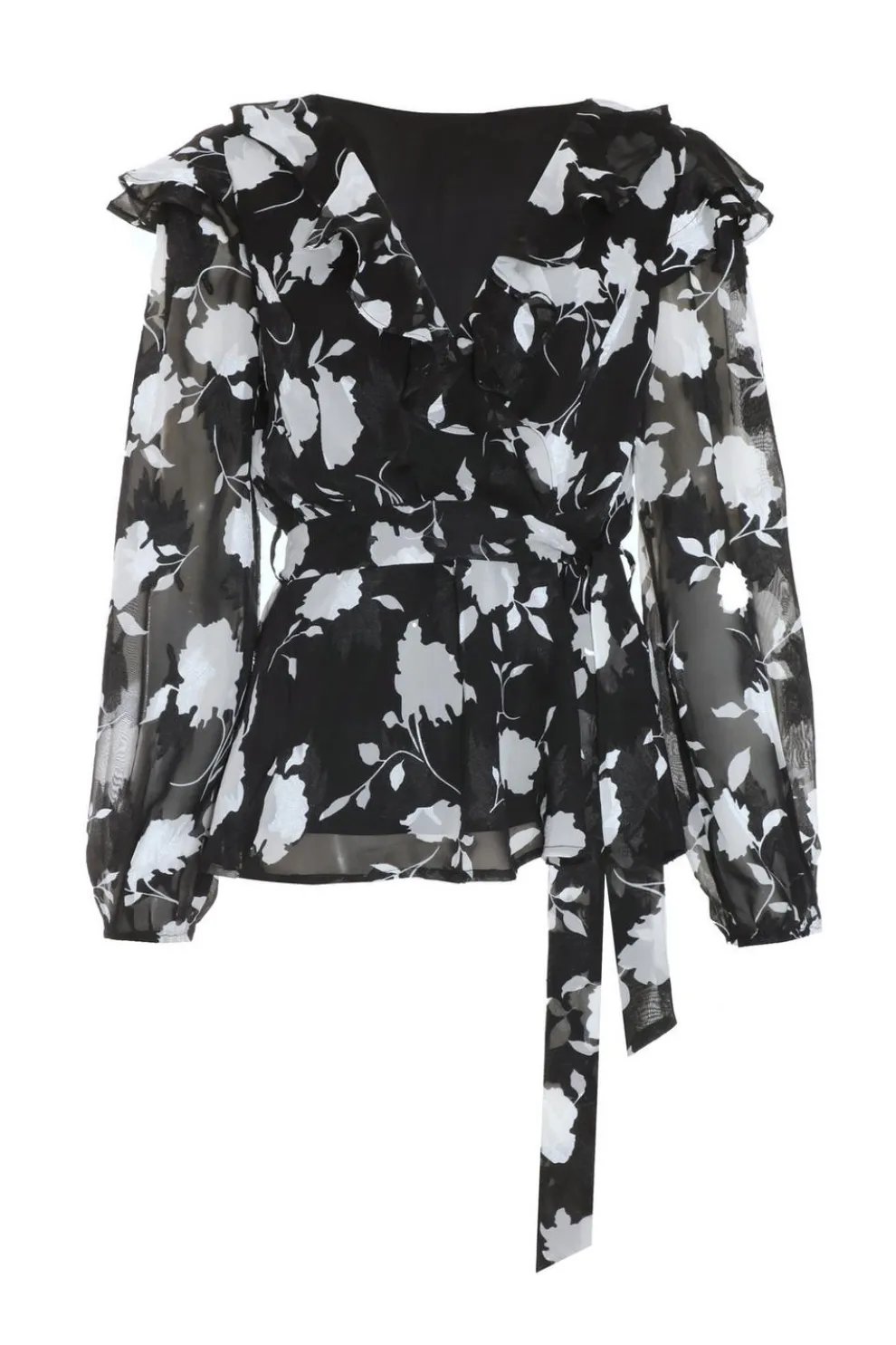 Black Floral Frill Peplum Top