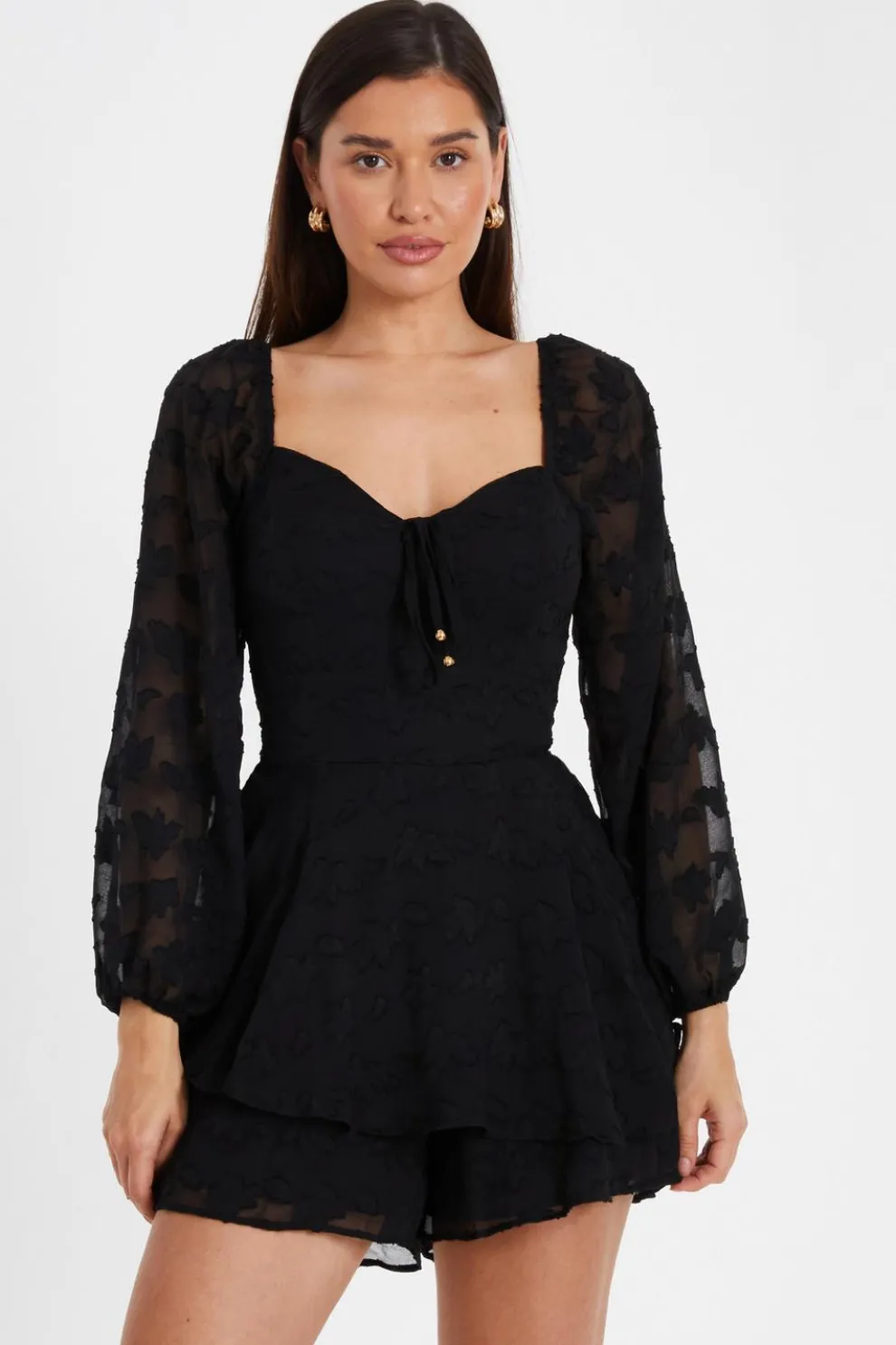 Black Floral Jacquard Tiered Playsuit