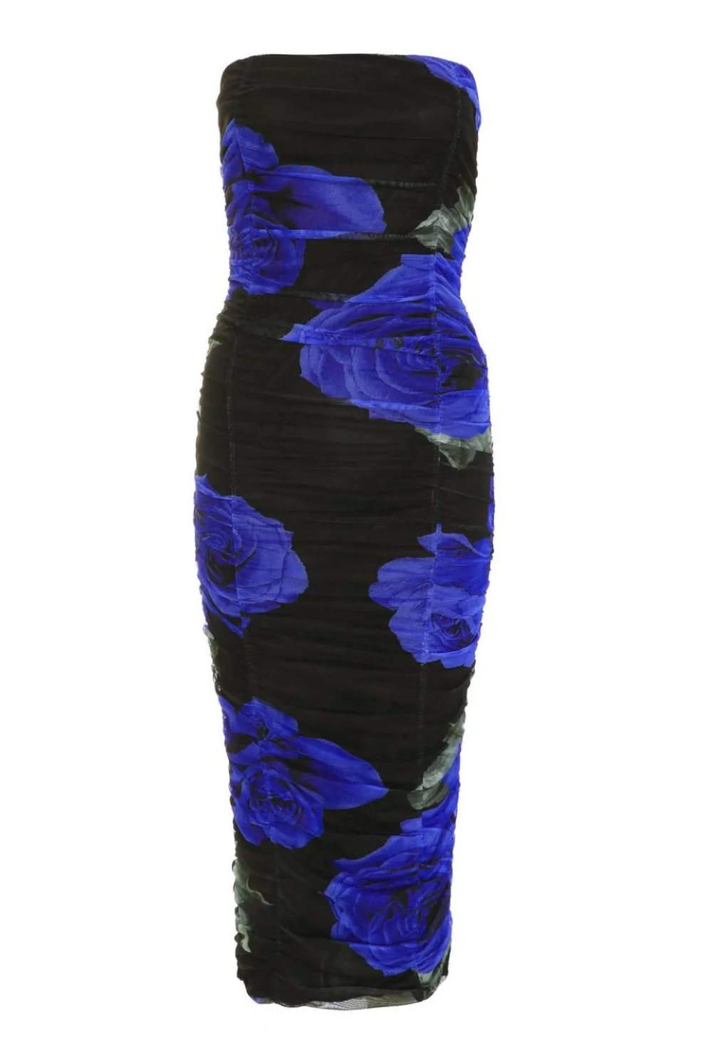 Black Floral Mesh Bandeau Midi Dress
