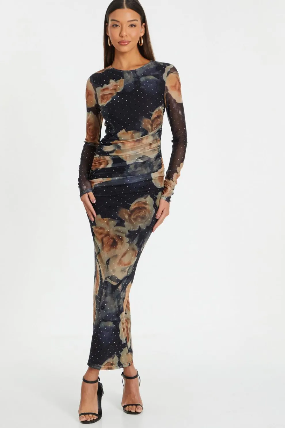 Black Floral Mesh Midaxi Dress