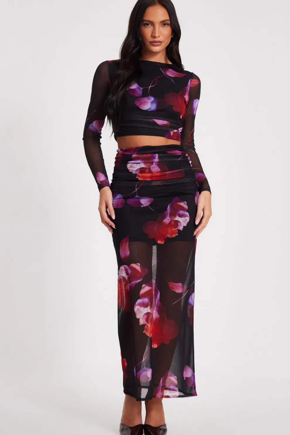 Black Floral Mesh Maxi Skirt