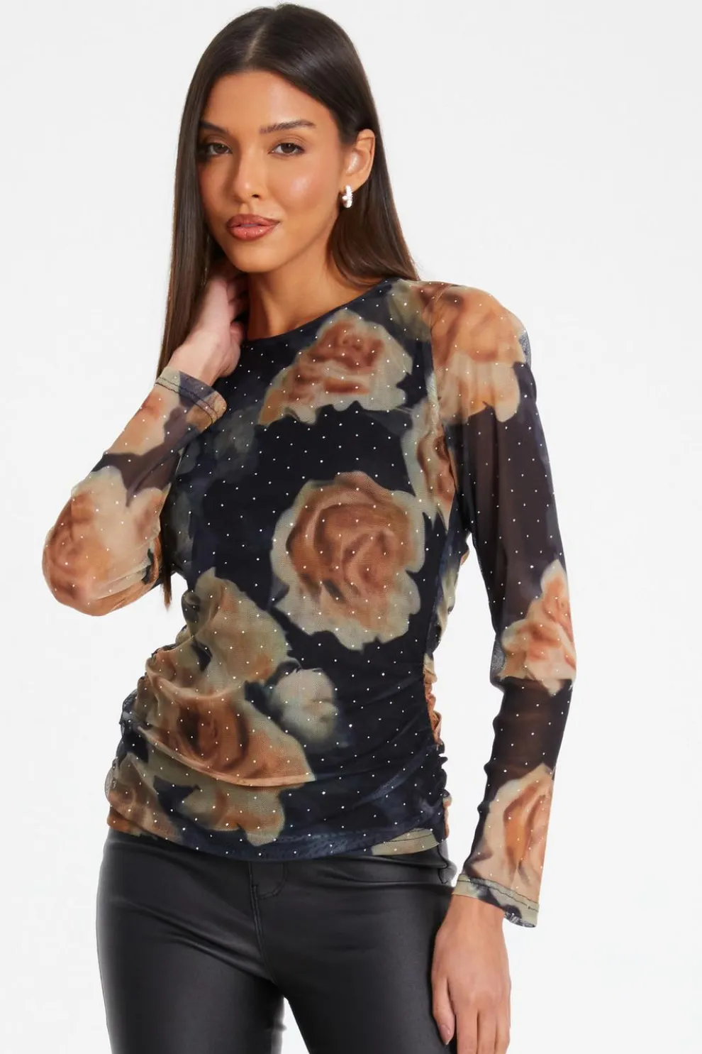 Black Floral Print Mesh Top