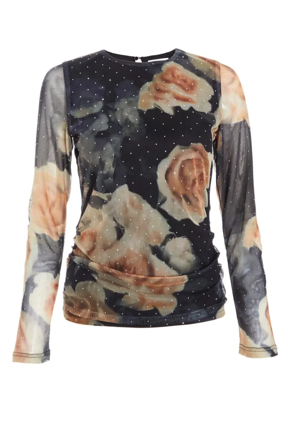 Black Floral Print Mesh Top