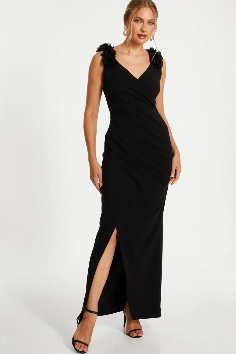 Black Floral Strap Maxi Wrap Dress